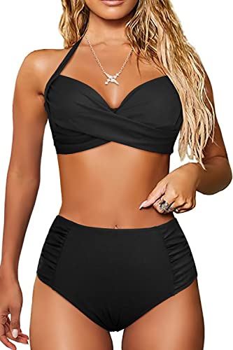 JFAN Damen Bikini Sets Tiefer V-Ausschnitt Damen 2 Stück Push Up Bikini Damen Badeanzüge,Schwarz-L von JFAN