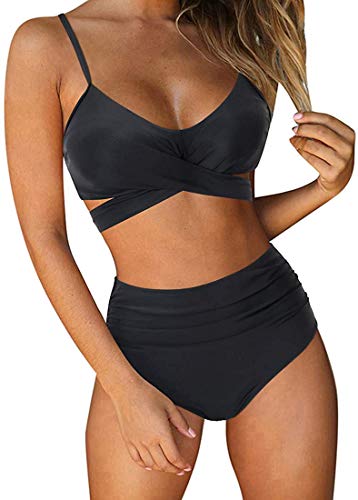 JFAN Frauen Rüschen Bikini Set Kreuz Wrap Push Up Top hohe Taille unten Krawatte zurück 38 Stück Badeanzug Schwarz,S von JFAN