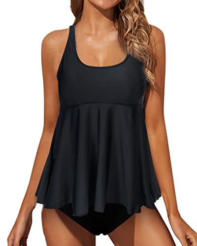 JFAN Tankini Damen Badeanzug Damen Bauchweg mit Rüschen Badekleider und Bikinihose Schwarz L von JFAN