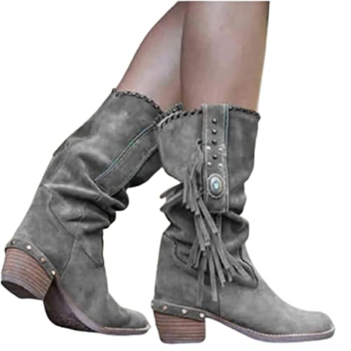 JFISQ Runder Zeh Western-Cowboystiefel Damen Niedriger Blockabsatz Booties Schuhe Retro Lässig Mode Kurze Stiefeletten Mit Fransen Atmungsaktiv Rutschfest Arbeitsschuhe,Grau,37 von Shot Case