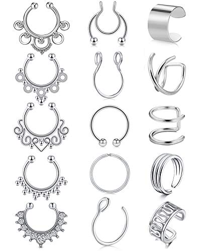 JFORYOU 15 Stück Edelstahl Ohr Manschette Knorpel Manschette Nicht Piercing Ohrringe Fake Nasenpiercing Non Pierced Nasen Septum Ring für Damen Mädchen von JFORYOU