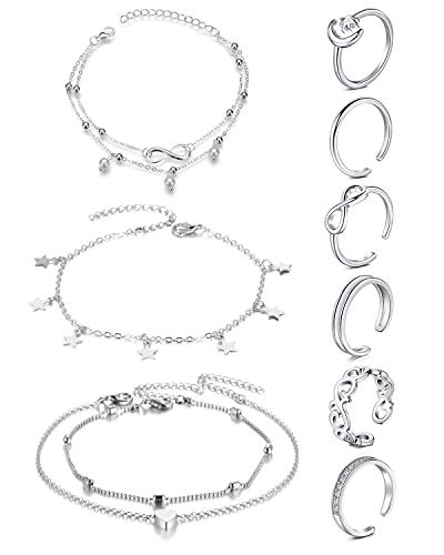 JFORYOU Zehenringe Offenen Verstellbar Zehenring, Fußkettchen Ketten Armbänder Fußschmuck Set für Frauen Mädchen von JFORYOU