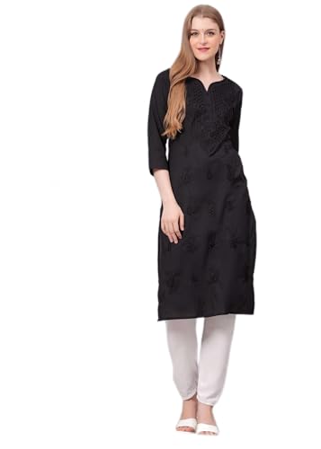 Traditionelle Chikankari Baumwolle Kurta Indianer handbestickte Kurti Tunika für Frauen (schwarz), Schwarz, XX-Large von JG JAI GOVINDAM