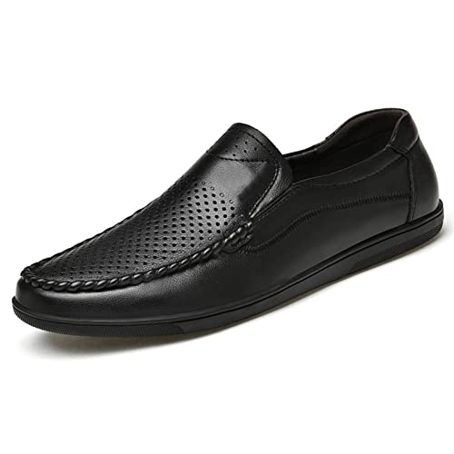 JIADELI Herren-Loafer-Schuh, echtes Leder, runde Zehenpartie, Nahtdetails, perforierte Option, bequemer, Flacher Absatz, rutschfest, Party-Casual-Slipper (Color : Black Perforated, Size : 45 EU) von JIADELI