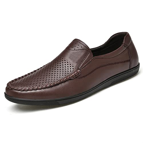 JIADELI Herren-Loafer-Schuh, echtes Leder, runde Zehenpartie, Nahtdetails, perforierte Option, bequemer, Flacher Absatz, rutschfest, Party-Casual-Slipper (Color : Brown Perforated, Size : 45 EU) von JIADELI
