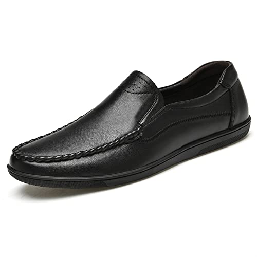 JIADELI Herren-Loafer-Schuh, echtes Leder, runde Zehenpartie, Nahtdetails, perforierte Option, bequemer, Flacher Absatz, rutschfest, Party-Casual-Slipper (Color : Schwarz, Size : 45 EU) von JIADELI