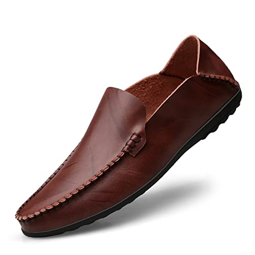 JIADELI Loafer for Herren, echtes Leder, Nahtdetails, runde Zehenpartie, Gummisohle, einfacher Flacher Absatz, leicht, flexibel, Klassische Slipper for Gehen (Color : Weinrot, Size : 42 EU) von JIADELI