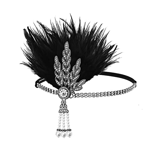 1920s Stirnband Kopfschmuck Feder Quaste Gatsby Flapper Feder Haarband Stirnband Vintage Pfau Karneval Kostüm 20er Haarschmuck Schwarzer Fascinator für Halloween Kostüm Abschlussball Karneval von JIAHG