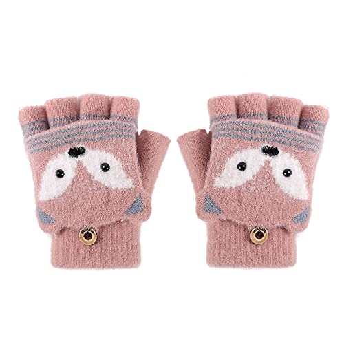 JIAHG Kinder Halbfinger Handschuhe Fingerlose Fäustlinge Mädchen Winter Cartoon Fingerhandschuhe Strickhandschuhe Thermohandschuhe mit Klappe (Fuchs Rosa) von JIAHG