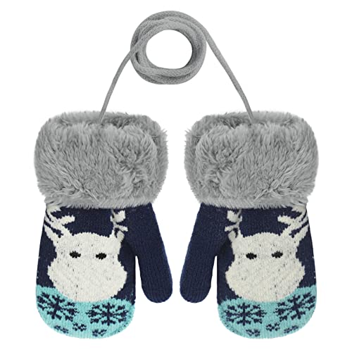 Kinder Winter Handschuhe Fäustlinge Baby Cartoon Fausthandschuh Halshandschuhe Dicke Doppelt Strickhandschuh mit Plüsch,0-3 Jahre alt, Spielen, Laufen, Skifahren Bedarf (Elch Navy blau) von JIAHG