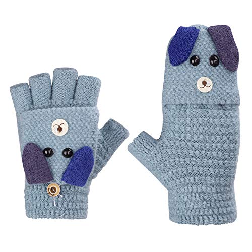 Kinder Halbfinger Handschuhe Fingerlose Fäustlinge Mädchen Winter Cartoon Fingerhandschuhe Strickhandschuhe Thermohandschuhe mit Klappe von JIAHG