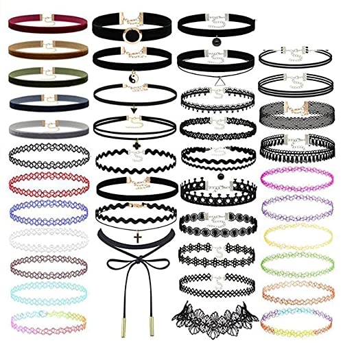 JIAMIAN 40 Stück Halsbänder-Set, Choker Halsketten, für Mädchen Klassische Halsketten aus Samt Verstellbar Gothic Tattoo Spitze Choker Ketten, für Teen Girls Frauen von JIAMIAN