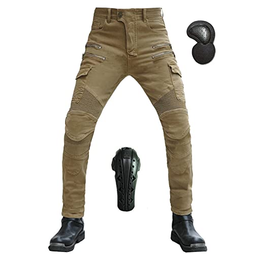 Herren Motorradhose, Motorrad Hosen Winddicht Atmungsaktiv Verschleißfest Anti-Fall Stretch Schutzhose Sportliche Jeans Mit Abnehmbar Verlängert CE Protektoren (Khaki,4XL) von JICAIXIAYA