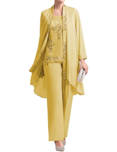 JIIL Damen 3 Teilig Hosenanzüge Festliche Hochzeit Gast Hosen Set Langarm Spitze Elegant Abendanzug Gold 44 JIIL Damen 3 Teilig Hosenanzüge Festliche Hochzeit Gast Hosen Set Langarm Spitze Elegant Abendanzug Gold 44 von JIIL