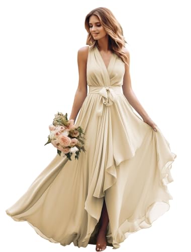 JIIL Damen Brautjungfernkleider Lang A-Linie - Neckholder Abendkleider für Hochzeit Champagner 36 JIIL Damen Brautjungfernkleider Lang A-Linie - Neckholder Abendkleider für Hochzeit Champagner 36 von JIIL