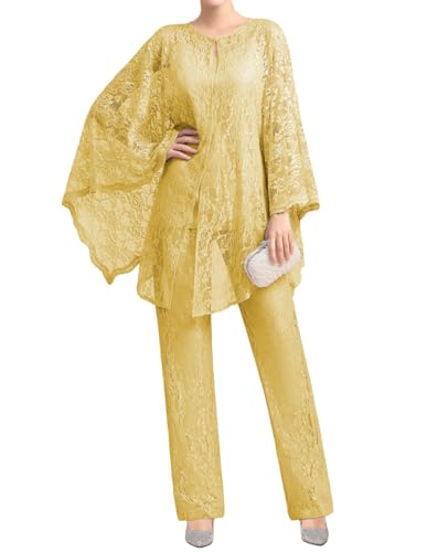 JIIL Mutter der Braut Hosenanzug - 3 Teilig Lang Spitze Hochzeitsgast Hosen Set mit Jacke Gold 46 JIIL Mutter der Braut Hosenanzug - 3 Teilig Lang Spitze Hochzeitsgast Hosen Set mit Jacke Gold 46 von JIIL