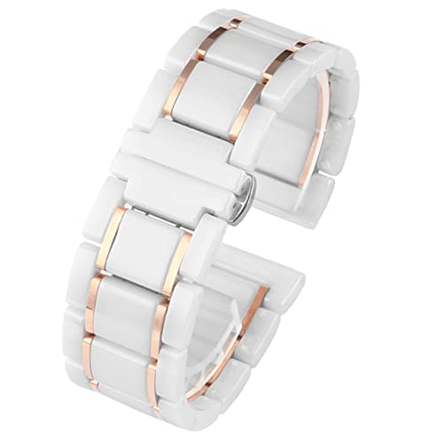 JIMNOO Edelstahl-Keramik-Uhrenarmband 20 mm 22 mm 16 mm 18 mm Armband Armband Generisches Armband Schnellverschluss-Armbandzubehör (Color : White X rose gold, Size : 22mm) von JIMNOO