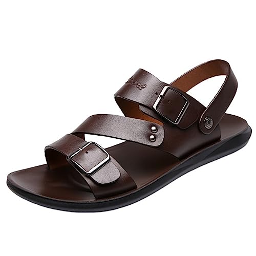 JIMNOO Männer Sandalen Einfarbig Leder Herren Schuhe Casual Bequeme Offene spitze Flache Sandalen Weiche Strand Schuhe Männliche Schuhe (Color : Brown, Size : 43 EU) von JIMNOO