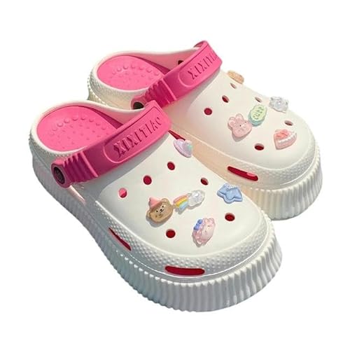 Herren Clogs Sommer Dicke Sohle Perforierte Schuhe Frauen Tragen Erhöhte Weiche Sohle Feste Farbe Zwei Hausschuhe-Rose Red-Wc115-36-37 von JINGBDO