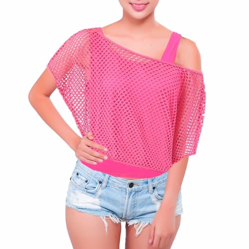 JINGTOPS Kostüm 80er Jahre Damen,80er 90er Jahre Outfit Damen Neon Netzshirt,Tank Top, 80er Aerobic Kostüm,Bad Taste Outfit Damen,90er Jahre Neon Party Outfit Mottoparty (Rose Rot, XXL) von JINGTOPS