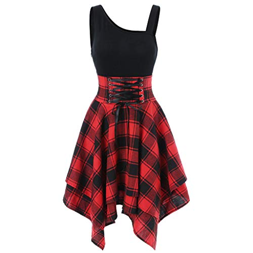 Kariertes Kleid Damen schwarz rot Asymmetrisch Knielang Kleider sexy Plaid Elegante Kleider A Linie cocktailkleider Partykleid festlich Kleider von JINGYUA