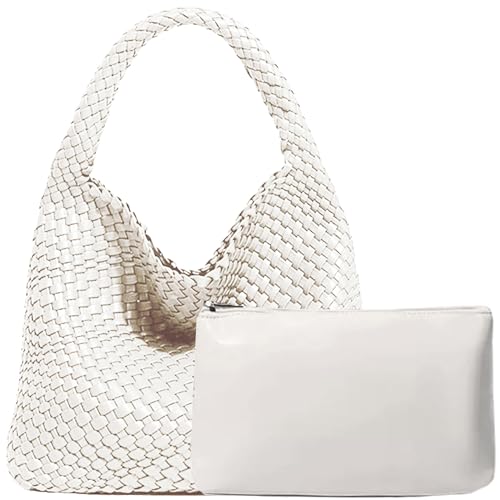 JINMANXUE Damen-Handtasche aus veganem Leder, handgewebt, modische Schultertasche, Top-Griff, Unterarmtasche mit Geldbörse, Cremefarben/Weiß, Large von JINMANXUE