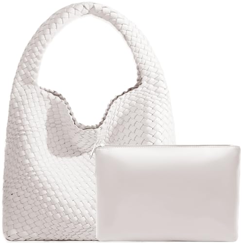 JINMANXUE Damen-Handtasche aus veganem Leder, handgewebt, modische Schultertasche, Top-Griff, Unterarmtasche mit Geldbörse, Cremefarben/Weiß, Large von JINMANXUE