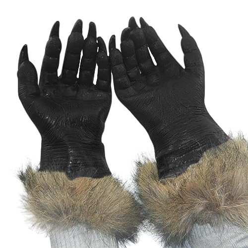 JINTN Halloween Weihnachten Karneval Handschuhe Bar Requisiten Latex Plüschtier Handschuhe Haarige Hände Werwolf Wolf Pfoten Krallen Cosplay Kostüm Requisiten Tier Zubehör Körperteile Party Theater von JINTN