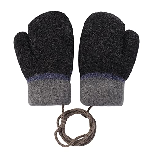 Kinder Doppel Strickhandschuhe Fäustlinge aus Wolle Fausthandschuh Halshandschuhe Plüsch Winterhandschuhe für 1-4 Jahre Kinder (Schwarz-F, One size) von JINTN