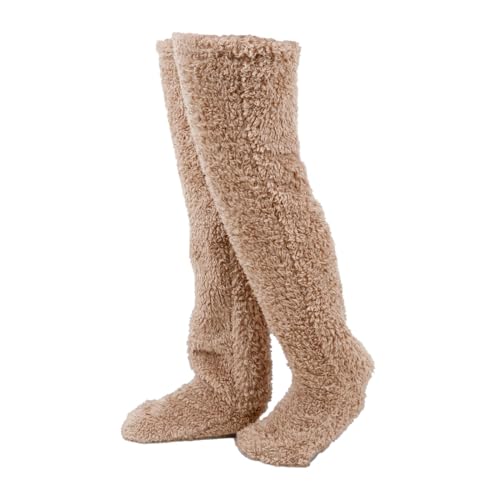 JISADER Plüsch Warme Lange Socken, Kuschelsocken Damen Plüsch Overknee Socken, Teddy Legs Socks Fleece Overknee Strümpfe Stulpen, Oberschenkel Strümpfe Flauschig für Schlafen Zuhause, BRAUN, 90CM von JISADER