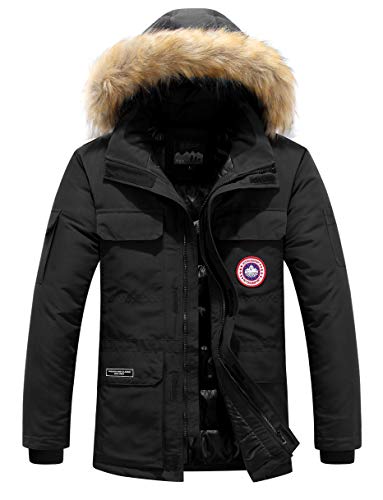 Herren Daunenjacke Winterjacke Fur Hooded Puffer Jacket Fell Pelzmantel Winterparka Pelzkragen Mit Kapuze Winter Warme Mäntel Jacken (Schwarz, L) von JJZXX