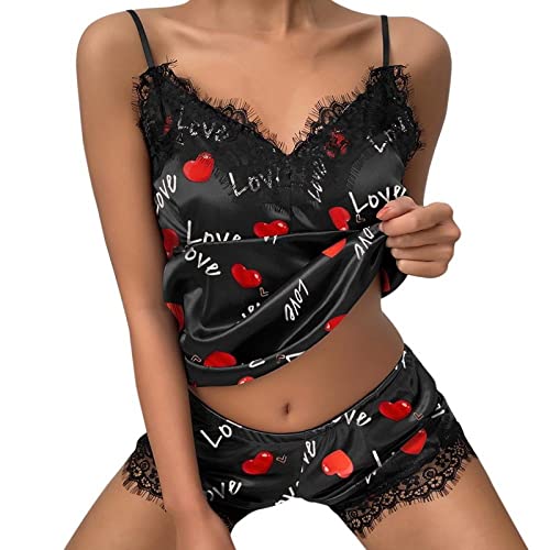 JKFDH Schlafanzug Damen Kurz, Sexy Spitze Satin Pyjama Neuheit Liebe Herz Druck Schwarze Leibchen Hot Pants Lässige Atmungsaktive Loungewear Sets Sommerkleidung Für Frauen Teenager Mädchen,S von JKFDH