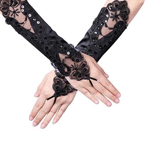 JKJF 1 Paar 1920s Satin Handschuhe Satin Spitzen Handschuhe Lange Fingerlose Spitzenhandschuhe Opera Fest Party Handschuhe Braut Hochzeit Handschuhe für Halloween Maskerade Motto Party - Schwarz von JKJF