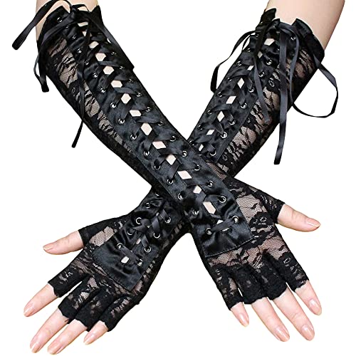 JKJF 1 Paar Lange Fingerlose Spitzenhandschuhe Schnüren Steam Punk Handschuhe Blumen Spitzenhandschuhe 80er Opera Fest Party Handschuhe für Halloween Maskerade Motto Party - Schwarz von JKJF