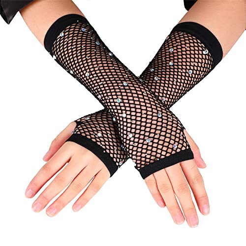 JKJF 1 Paar Strass Fingerlose Fischnetz Handschuhe 80er Opera Fest Party Handschuhe Glänzend Netz Mesh Handschuhe für Hochzeit Halloween Maskerade Kostüm Motto Party - Schwarze, Einheitsgröße von JKJF