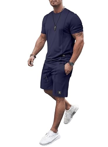 JMIERR Herren 2 Piece T-Shirt mit Short Sommer Trainingsanzug Set mit Taschen 2024 Casual T Shirts und Kurze Hose Männer Baggy Sport Freizeitanzug,Blau 2XL von JMIERR