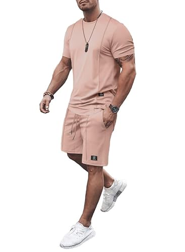 JMIERR Herren 2 Piece T-Shirt mit Short Sommer Trainingsanzug Set mit Taschen 2024 Casual T Shirts und Kurze Hose Männer Baggy Sport Freizeitanzug,Rosa 2XL von JMIERR