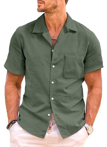 JMIERR Hemd Herren Kurzarm Freizeithemd Kurzarmhemd Leinenhemd Baumwolle Sommer T-Shirt Strand Hemd Regular Fit Button Down Grün, L von JMIERR