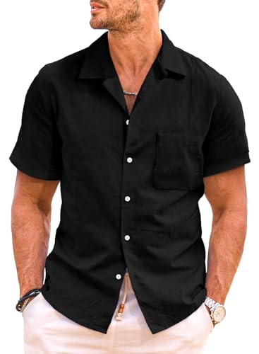 JMIERR Hemd Herren Kurzarm Freizeithemd Businesshemd Leinenhemd Sommer Kurzarmhemd Einfarbig Basic Shirt for Männer Slim Fit Schwarz, L von JMIERR