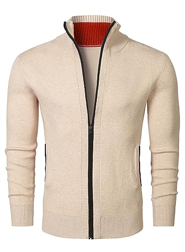 JMIERR Herren Strickjacke Cardigan Stehkragen Feinstrike Schlichter Pullover Langarm Sweatjacke Reißverschluss und Taschen Apricot 3XL von JMIERR