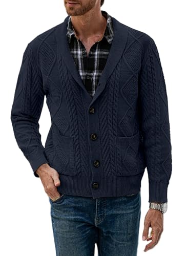 JMIERR Herren Strickjacke Pullover V Ausschnitt Strick Langarm Revers Hals Slim Fit Lässig Gestrickter Strickmantel Blau M von JMIERR