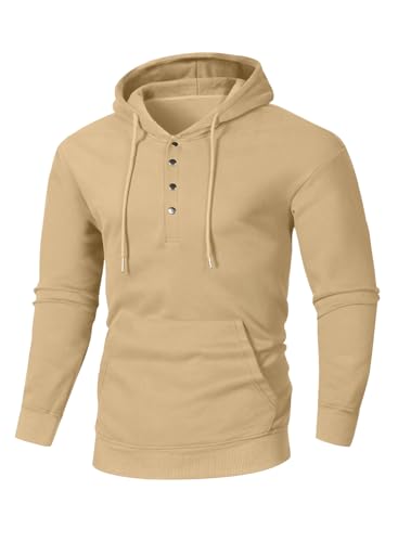 JMIERR Hoodie Herren Baumwolle Langarm Kapuzenpullover 1/4 Button Down Sweatshirts für Männer Loose Fit Casua Winter mit Taschen Apricot S von JMIERR