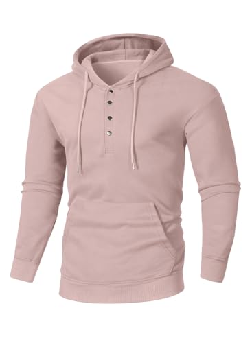 JMIERR Hoodie Herren Baumwolle Langarm Kapuzenpullover 1/4 Button Down Sweatshirts für Männer Loose Fit Casua Winter mit Taschen Rosa L von JMIERR