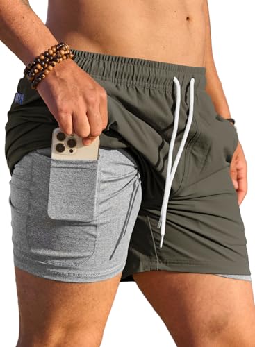 JMIERR Sport Shorts Herren Laufshorts 2 in 1 Schnell Trocknend Kurze Hose Running Sporthose Fitness Training Mit Eingebaut Taschen Grün S von JMIERR