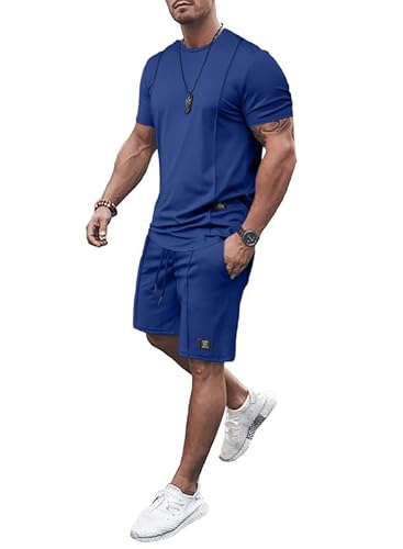 JMIERR T Shirt mit Short 2 Piece Sommer Trainingsanzug Set mit Taschen 2023 Baggy Freizeitanzug und Kurze Hose Regular Fit,Dunkelblau 2XL von JMIERR