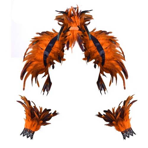 Feder Cape Schal Schulter Flügel Choker Kragen mit 1-Paar Feder Manschetten Halloween Cosplay Kostüm Party für Frauen (Orange) von JMMHSS