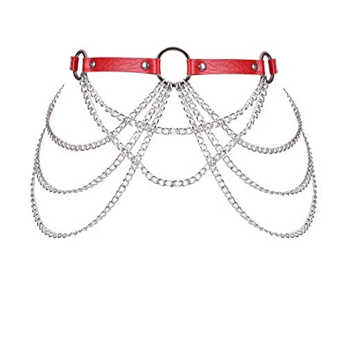 JMMHSS Punk Taillenkette Gürtel Leder geschichtete Körperketten Rave Körperschmuck Zubehör für Frauen und Mädchen (rot) von JMMHSS