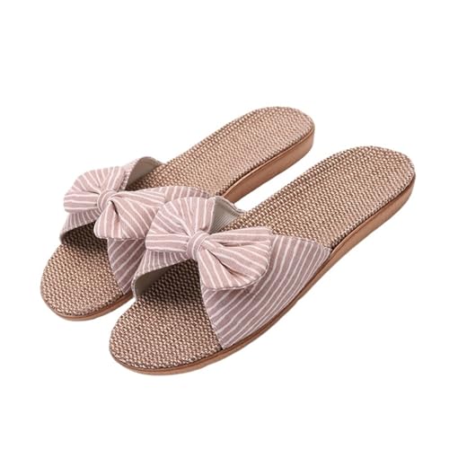 JMORCO Pantoffeln Damen Frauen Hausschuhe Atmungsaktive Leinen Hausschuhe Süße Schleife Casual Flache Rutschen Mädchen Nicht-slip Indoor Hause Schuhe Damen Sandalen(Beige,6 (35-36)) von JMORCO