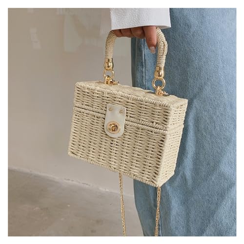 JMORCO Strohtaschen Frauen Kette Box Umhängetasche Rattan Stroh gewebte Umhängetasche weibliche Sommer Strandtasche tragbare kleine Handtasche Geldbörse (Color : Beige, Size : 19x8x14cm) von JMORCO