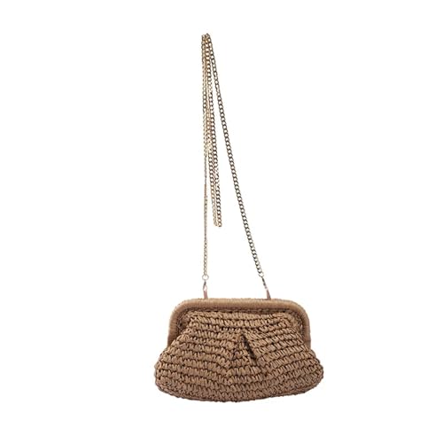 JMORCO Strohtaschen Frauen Umhängetasche Stroh Shell Tasche Sommer gewebte Rattan Handtaschen Ketten Clip Umhängetaschen for Frauen Strandtasche (Color : Khaki) von JMORCO